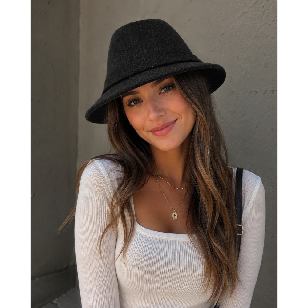 Totes Fedora Bucket Hat Plaid Wool Blend Water Repellent